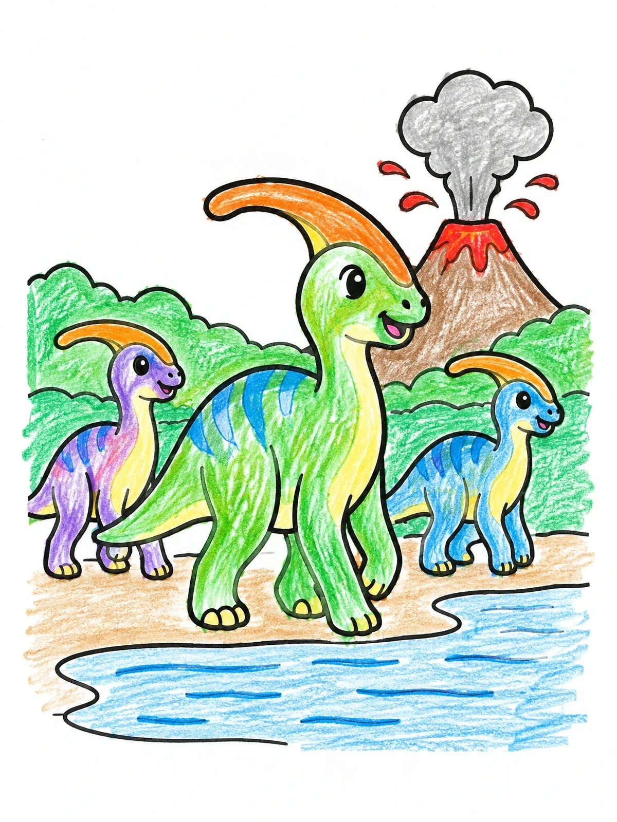 Colored example of the Parasaurolophus Family By Erupting Volcano coloring page