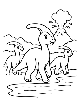 Free printable Parasaurolophus Family By Erupting Volcano coloring page
