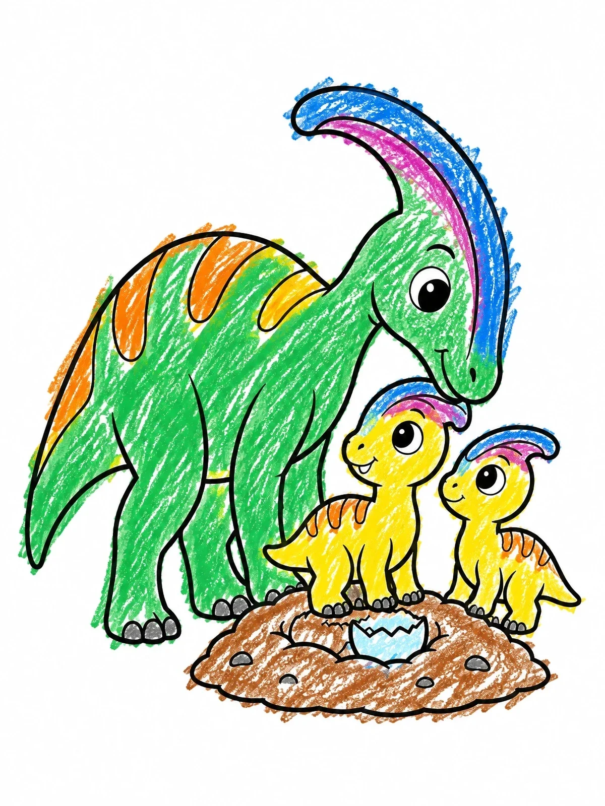 Colored example of the Parasaurolophus Family With Hatchlings coloring page