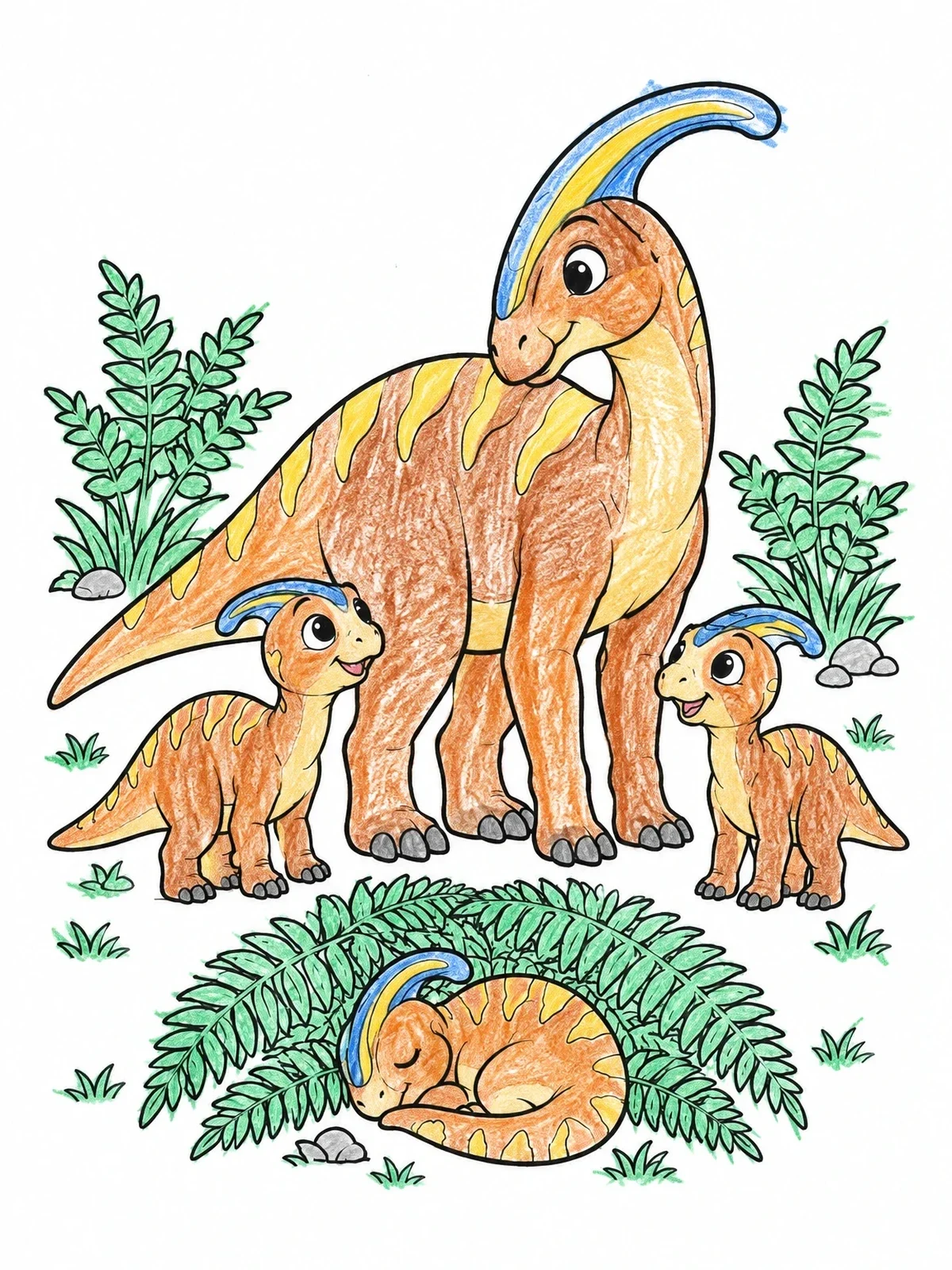 Colored example of the Parasaurolophus Family With Sleeping Baby coloring page
