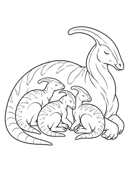 Mother dinosaur curled beside three sleeping young in this parasaurolophus coloring page.