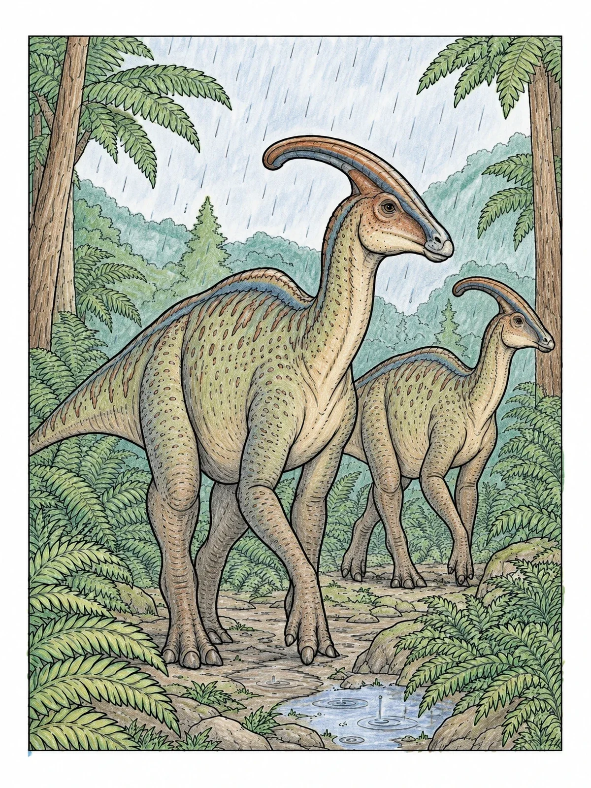 Colored example of the Parasaurolophus Pair In Rainy Forest coloring page