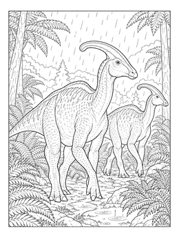 Two dinosaurs walk through ferns in the rain on this detailed parasaurolophus coloring page.
