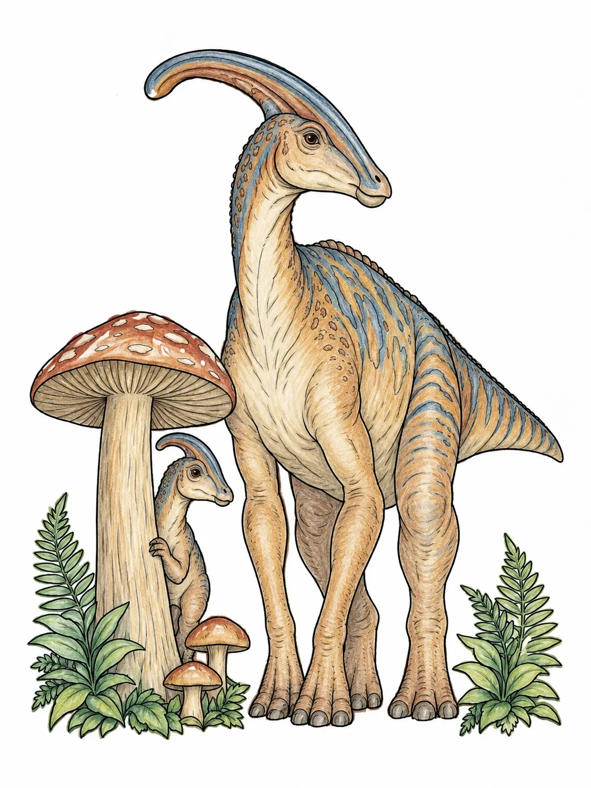 Colored example of the Parasaurolophus Parent And Baby By Mushroom coloring page