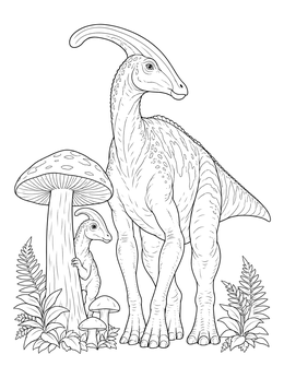 A parasaurolophus coloring page with an adult and baby dinosaur standing near large forest mushrooms.