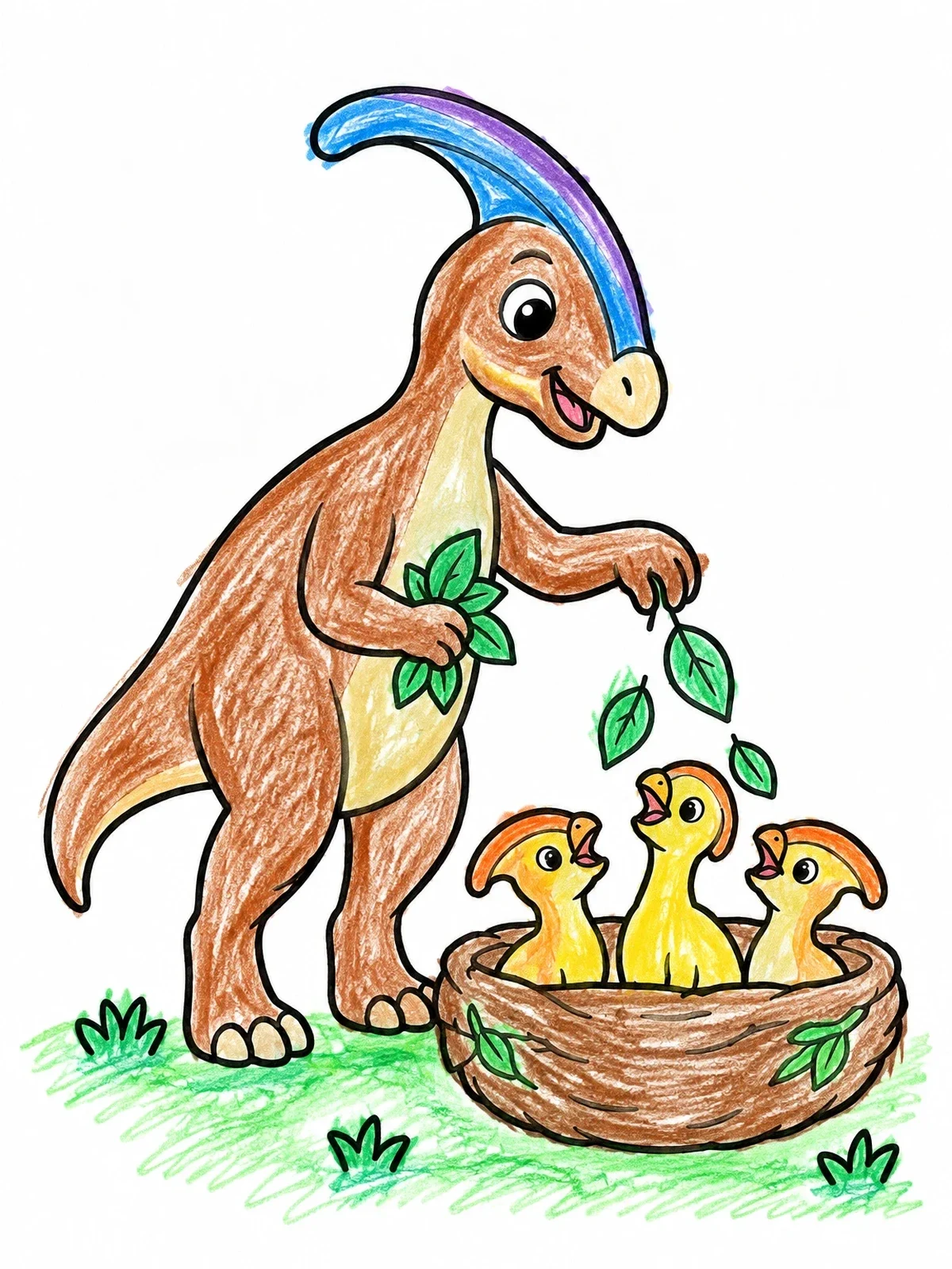 Colored example of the Parasaurolophus Feeding Babies In Nest coloring page