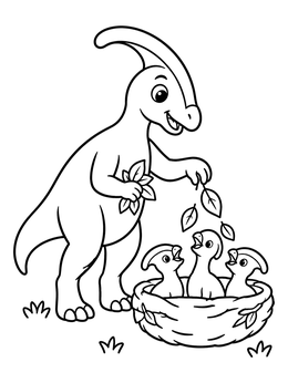 A friendly parasaurolophus coloring page featuring a parent feeding leaves to three babies in a nest.