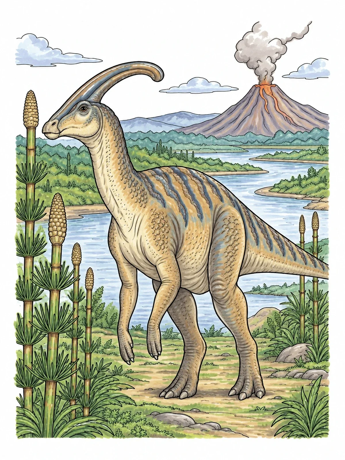 Colored example of the Parasaurolophus In A Prehistoric Landscape coloring page