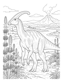 A detailed parasaurolophus coloring page featuring a river and smoking volcano in the background.