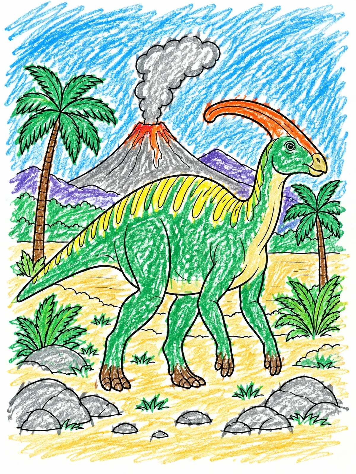 Colored example of the Parasaurolophus In Prehistoric Volcano Landscape coloring page