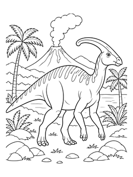 A friendly parasaurolophus coloring page in front of a smoking volcano.