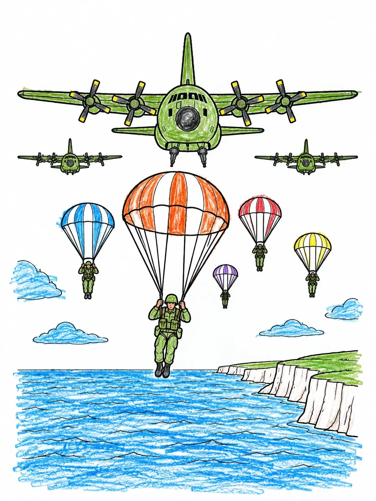 Colored example of the Paratroopers Dropping Over The Coast coloring page