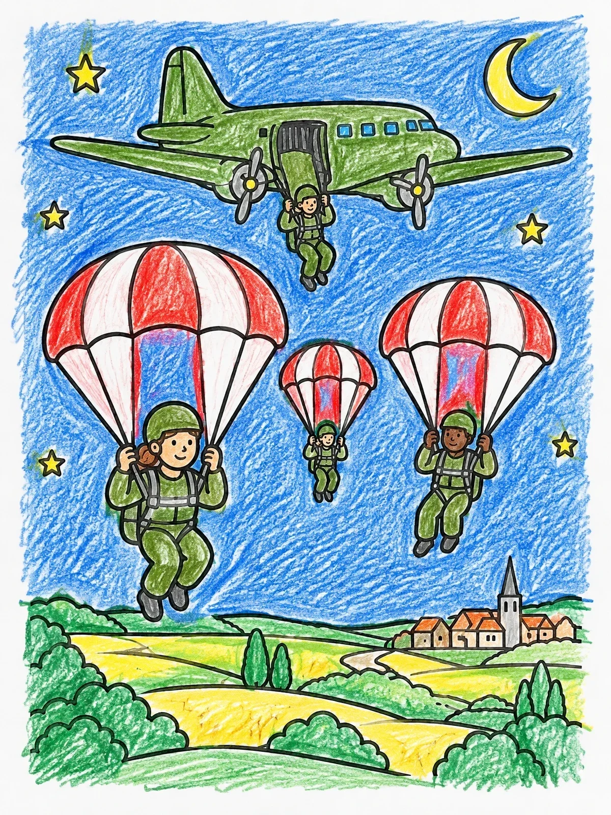 Colored example of the Paratroopers Jumping Over Normandy coloring page