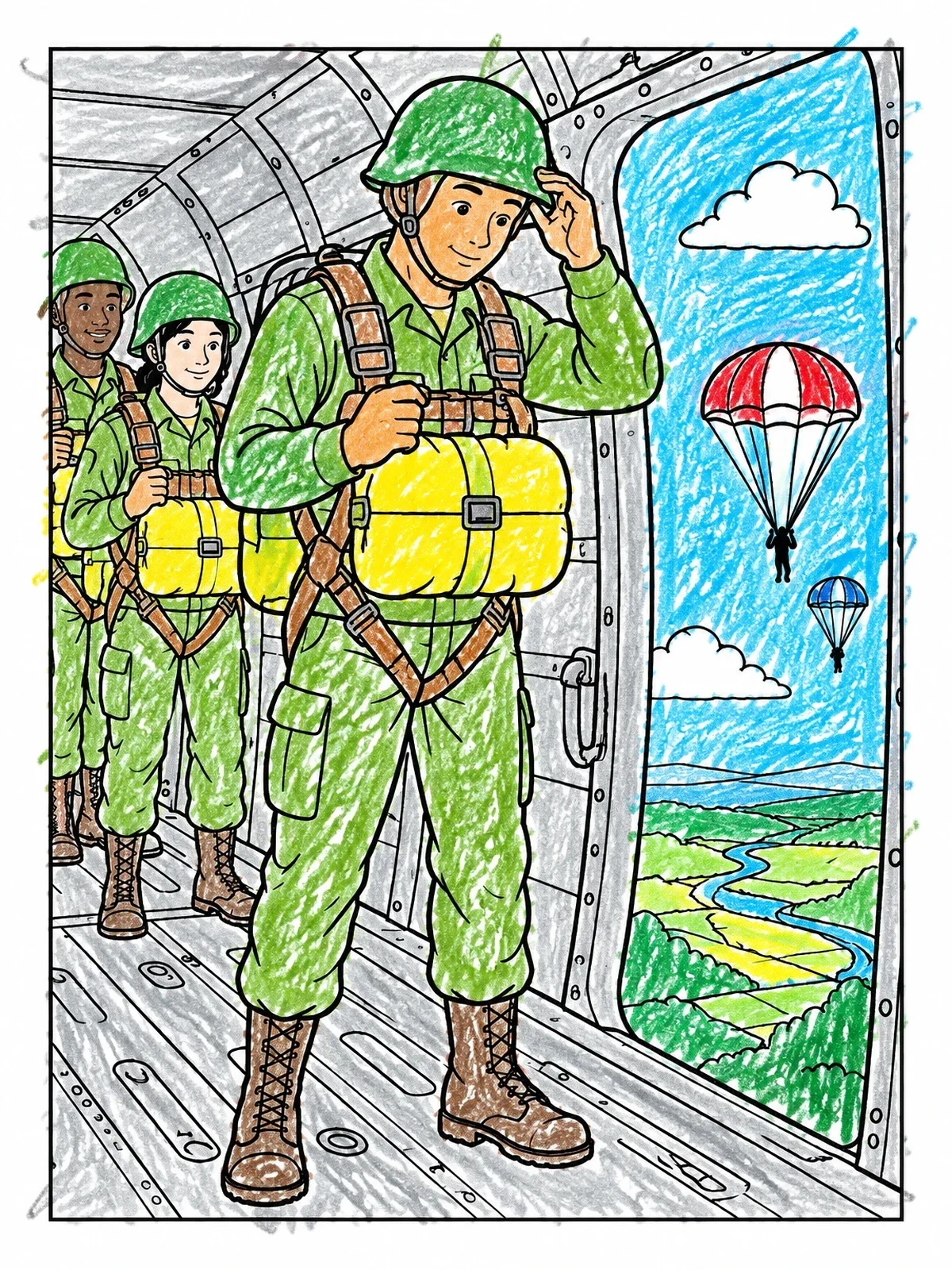 Colored example of the Paratroopers Ready For Jump coloring page