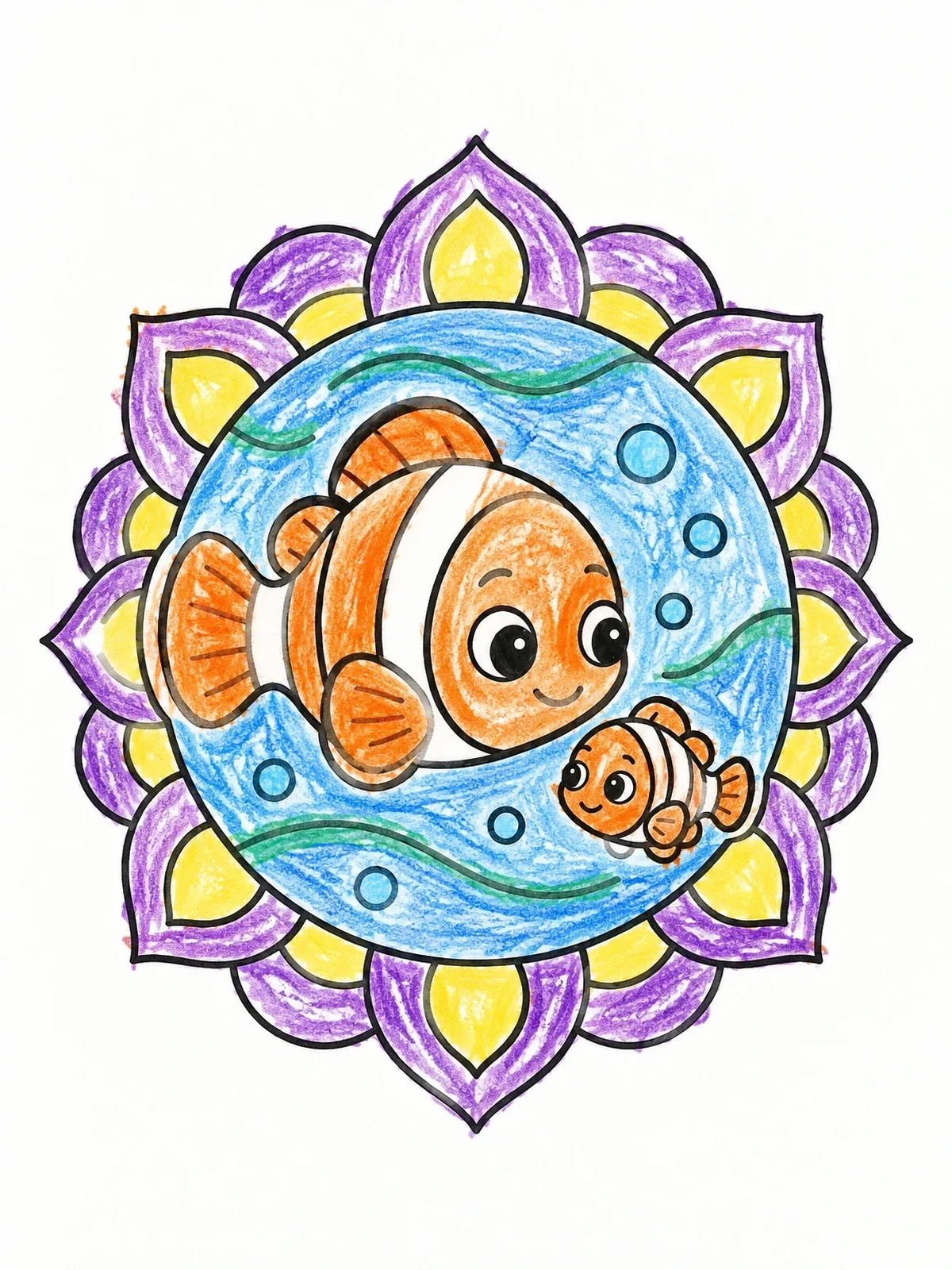 Colored example of the Parent And Baby Clownfish Mandala coloring page