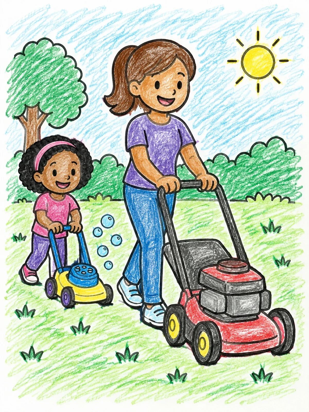 Colored example of the Mowing The Lawn With Mom coloring page