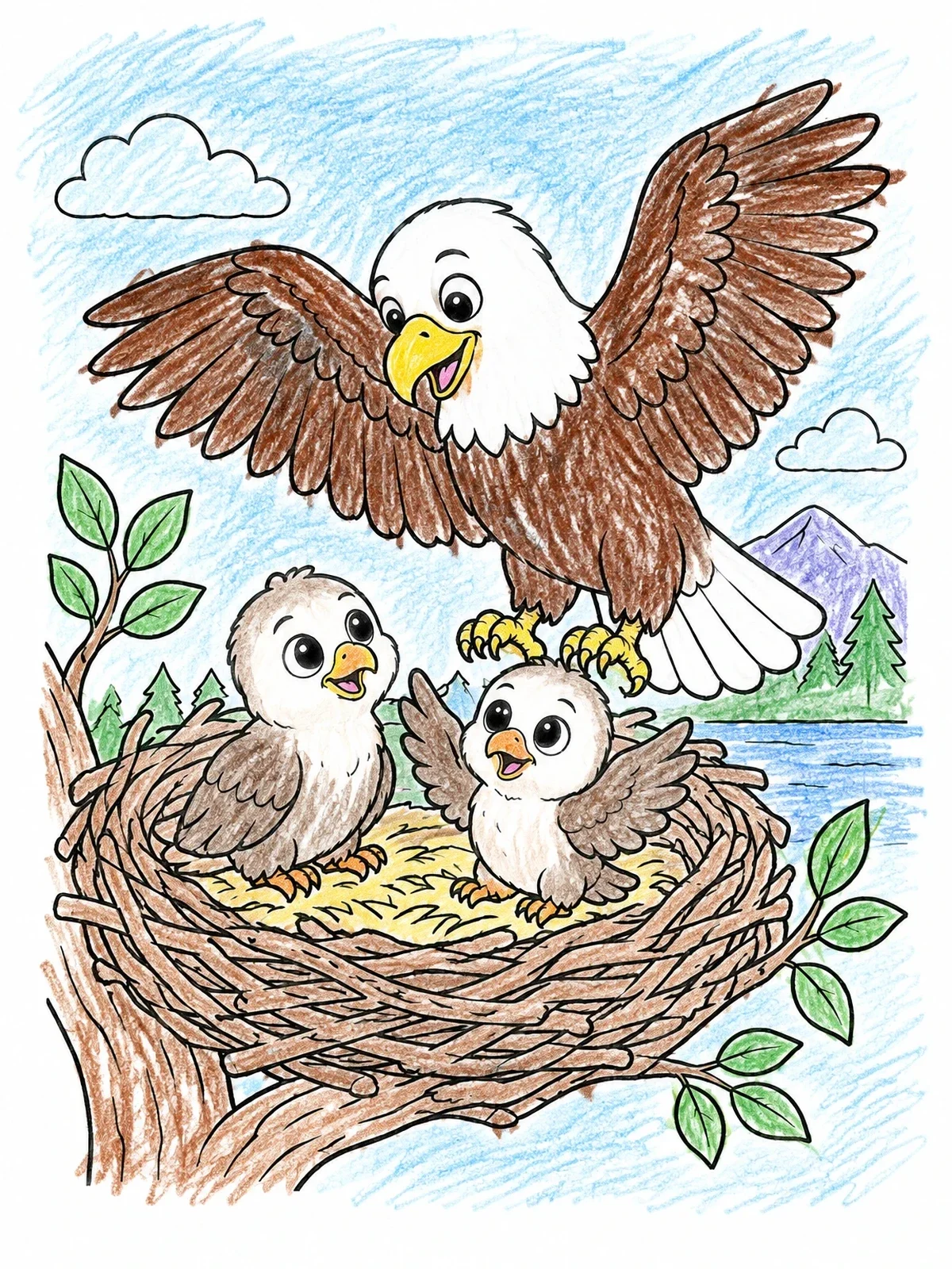 Colored example of the Parent Eagle Visiting The Nest coloring page