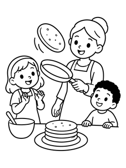 Free printable Family Flipping Pancakes In Kitchen coloring page
