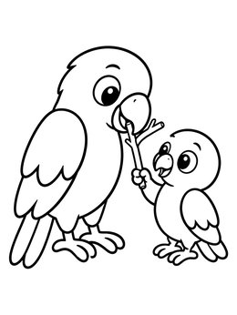 A cute parrot coloring page with a parent bird sharing a twig with its baby.