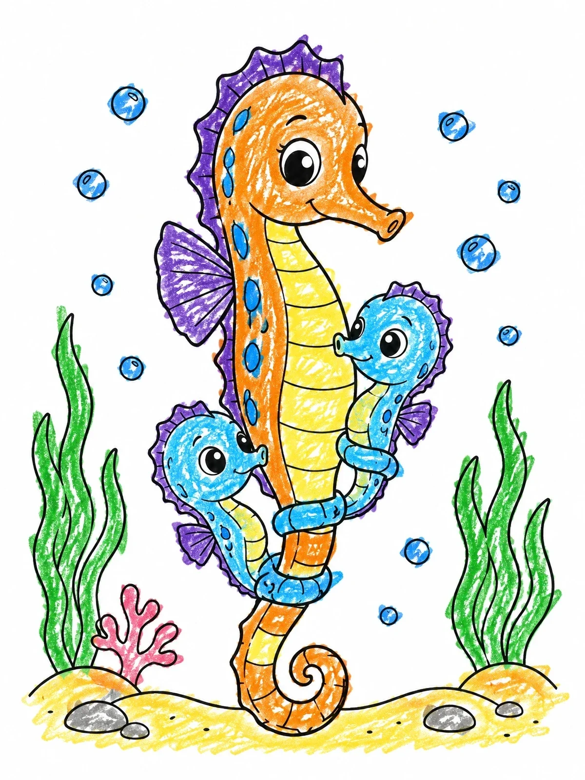 Colored example of the Parent Seahorse With Two Babies coloring page