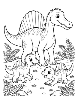 A parent dinosaur with two hatchlings in this spinosaurus coloring page.