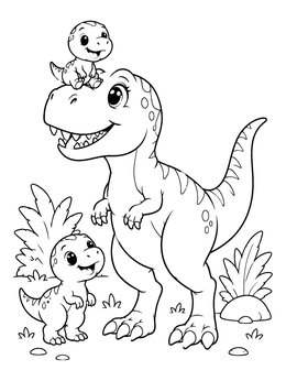 A friendly mother dinosaur and her cute babies in this t rex coloring page.