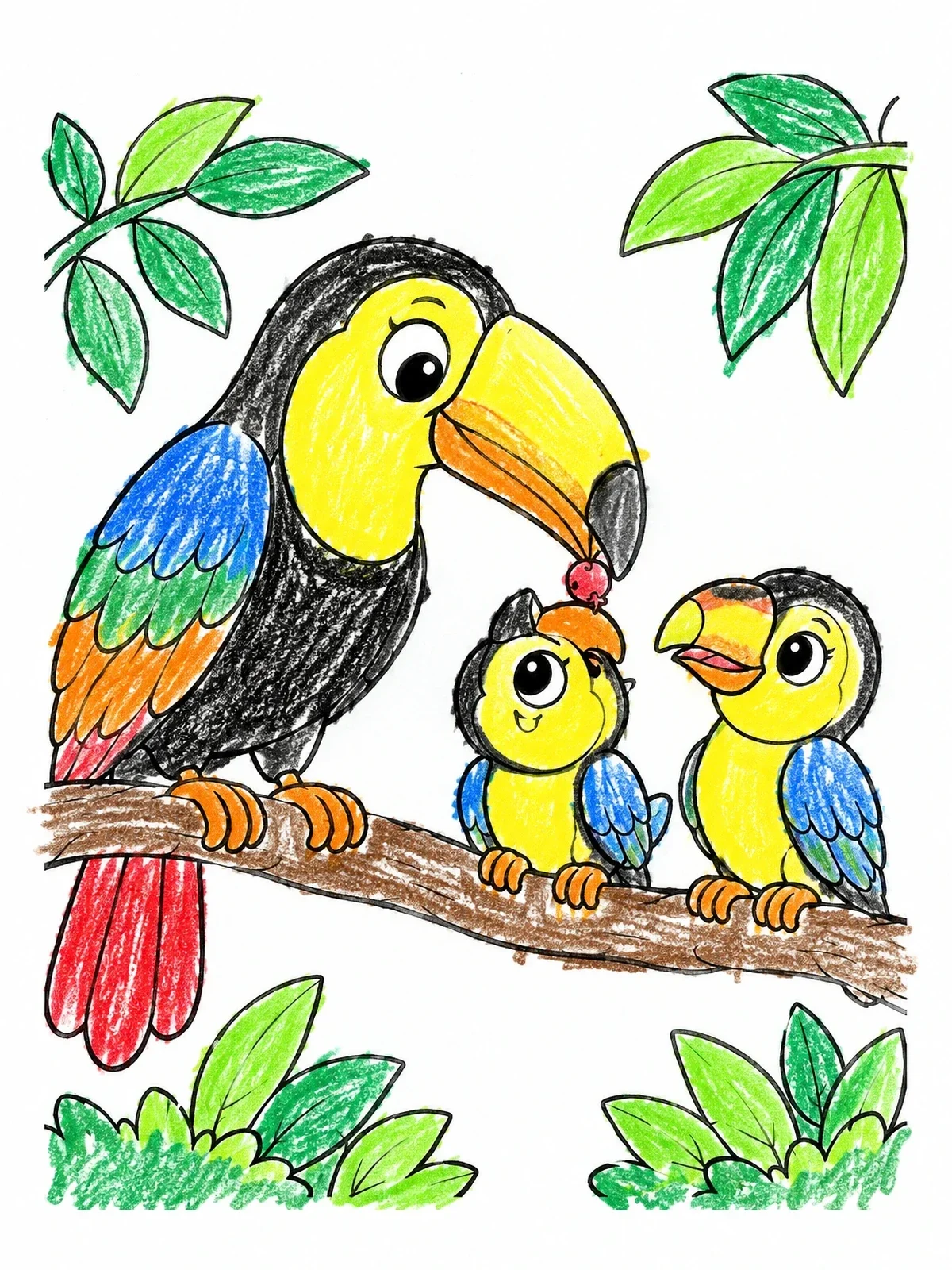 Colored example of the Parent Toucan Feeding Cute Chicks coloring page
