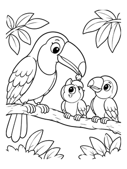 Free printable Parent Toucan Feeding Cute Chicks coloring page