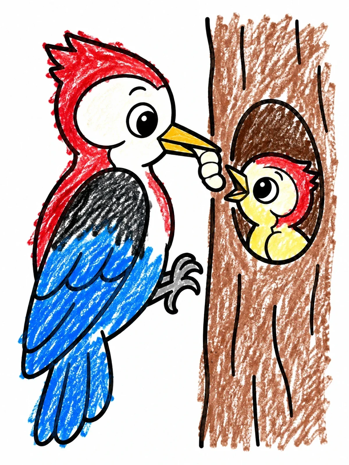 Colored example of the Parent Woodpecker Feeding Cute Chick coloring page