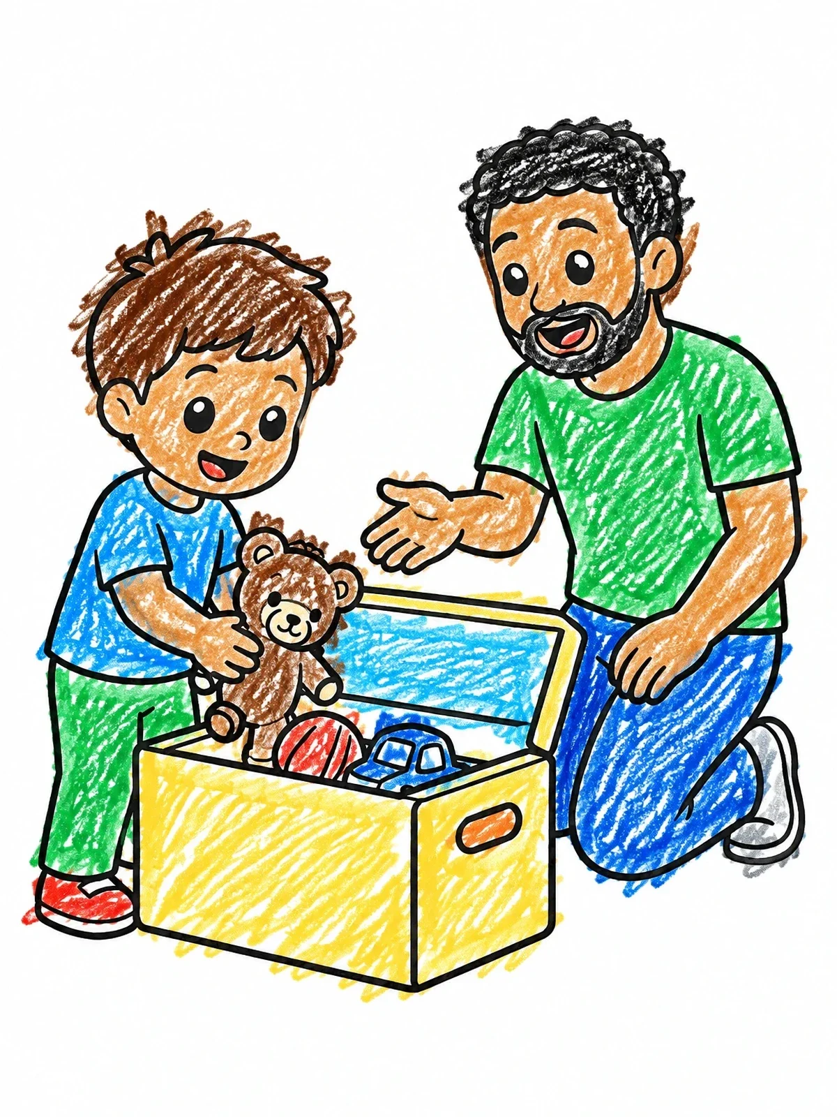 Colored example of the Boy Packing Toys With Father coloring page