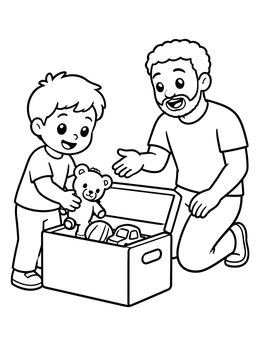 Free printable Boy Packing Toys With Father coloring page