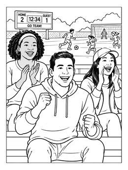 Cheering fans in the stands on this parents coloring page at a school soccer match.