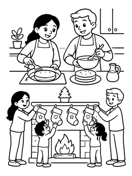 Free printable Family Cooking And Decorating Together coloring page