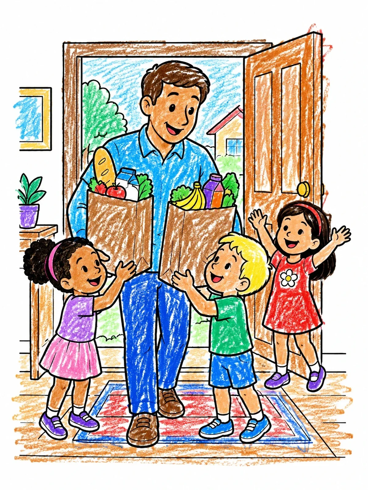 Colored example of the Father Arriving Home With Groceries coloring page