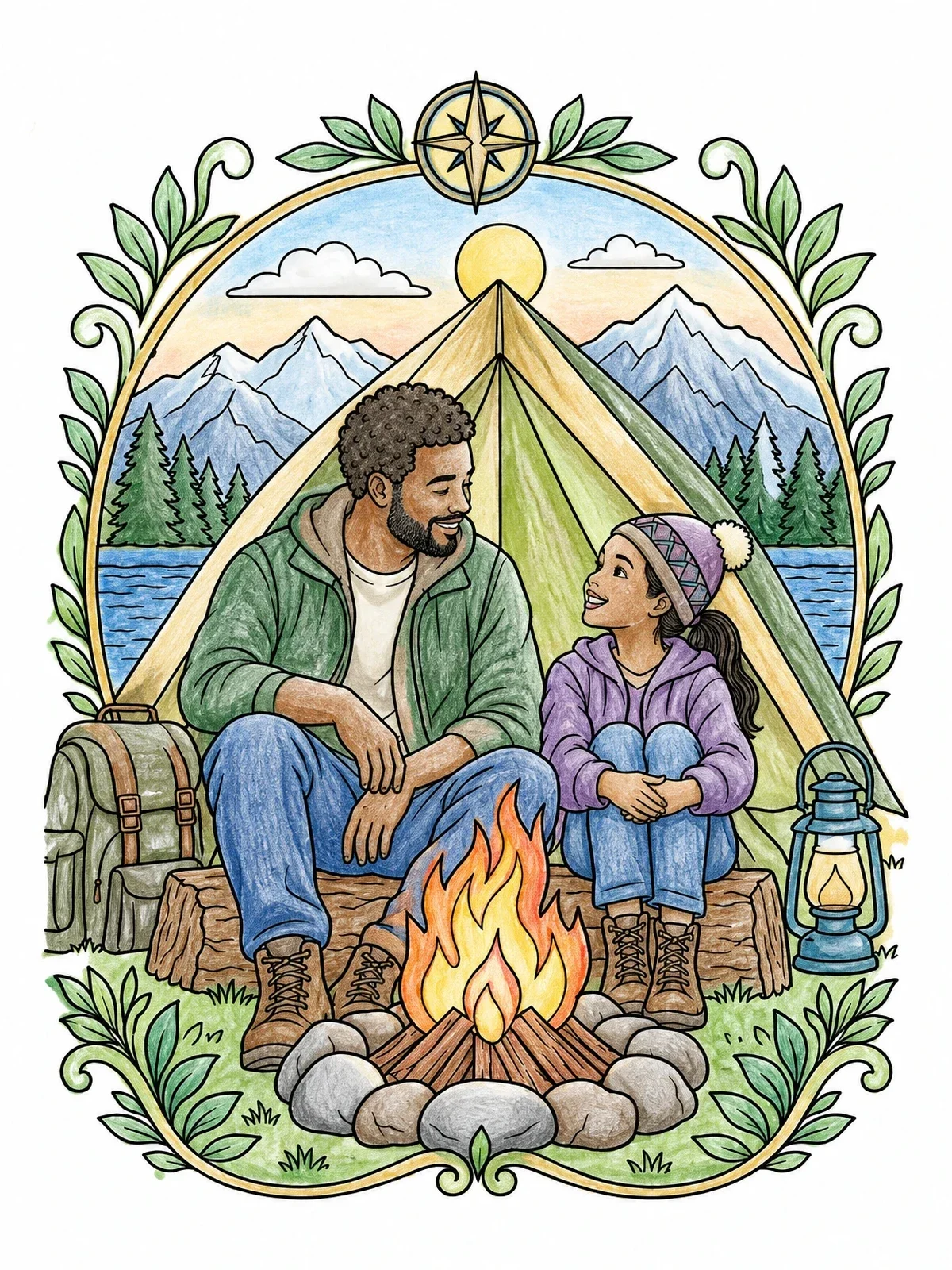 Colored example of the Father And Daughter Camping By Campfire coloring page