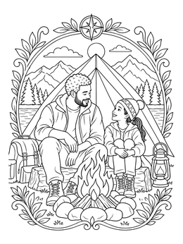 Father and daughter sit by campfire in this outdoor parents coloring page.