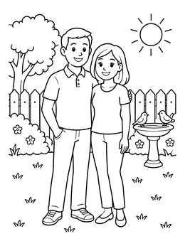 Free printable Parents Standing In Backyard Garden coloring page