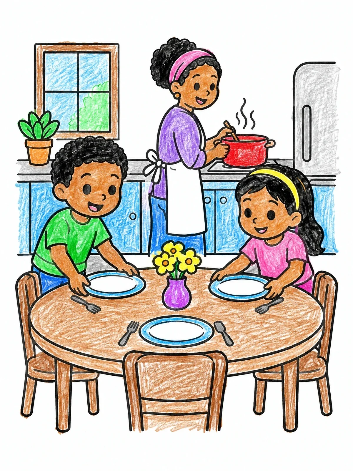 Colored example of the Family Preparing Dinner In Kitchen coloring page