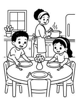 Free printable Family Preparing Dinner In Kitchen coloring page