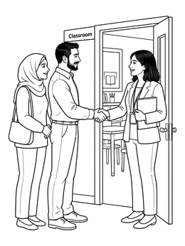 A friendly parents coloring page showing a mother and father greeting a teacher at the classroom door.