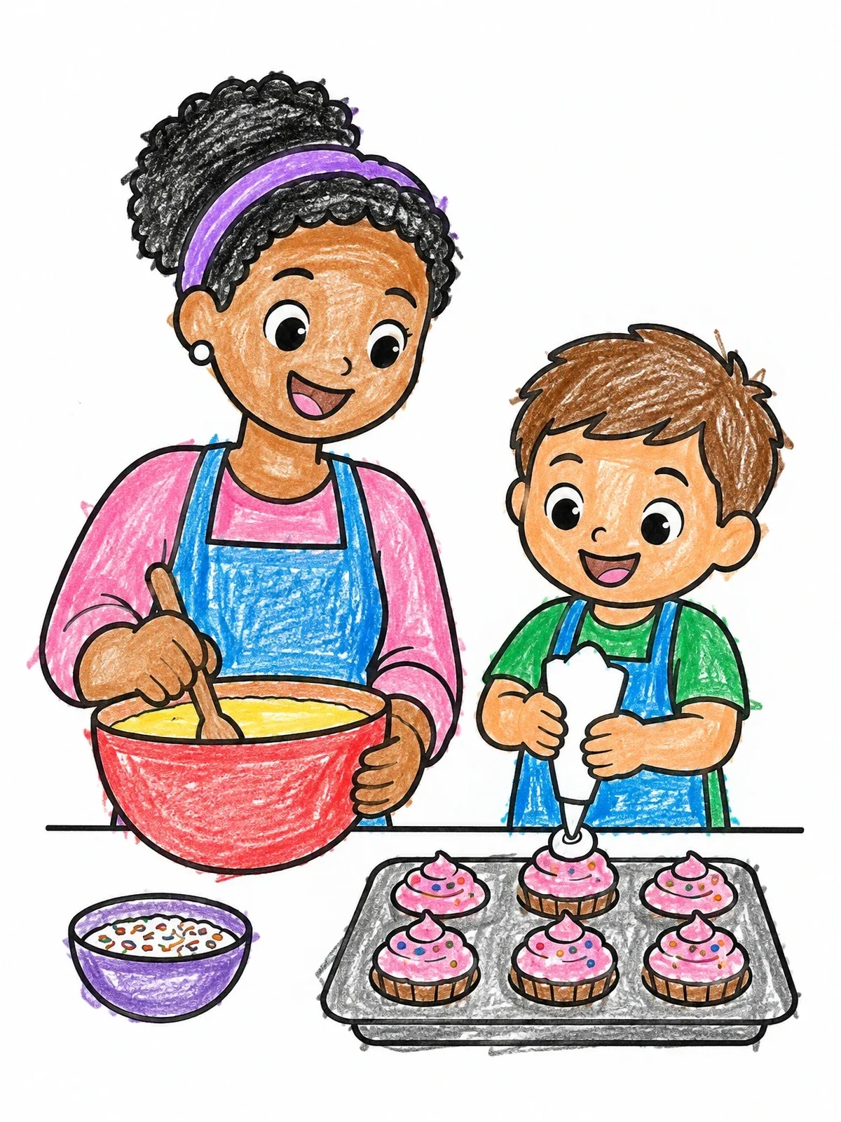 Colored example of the Mother And Son Baking Cupcakes coloring page