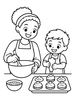 Free printable Mother And Son Baking Cupcakes coloring page