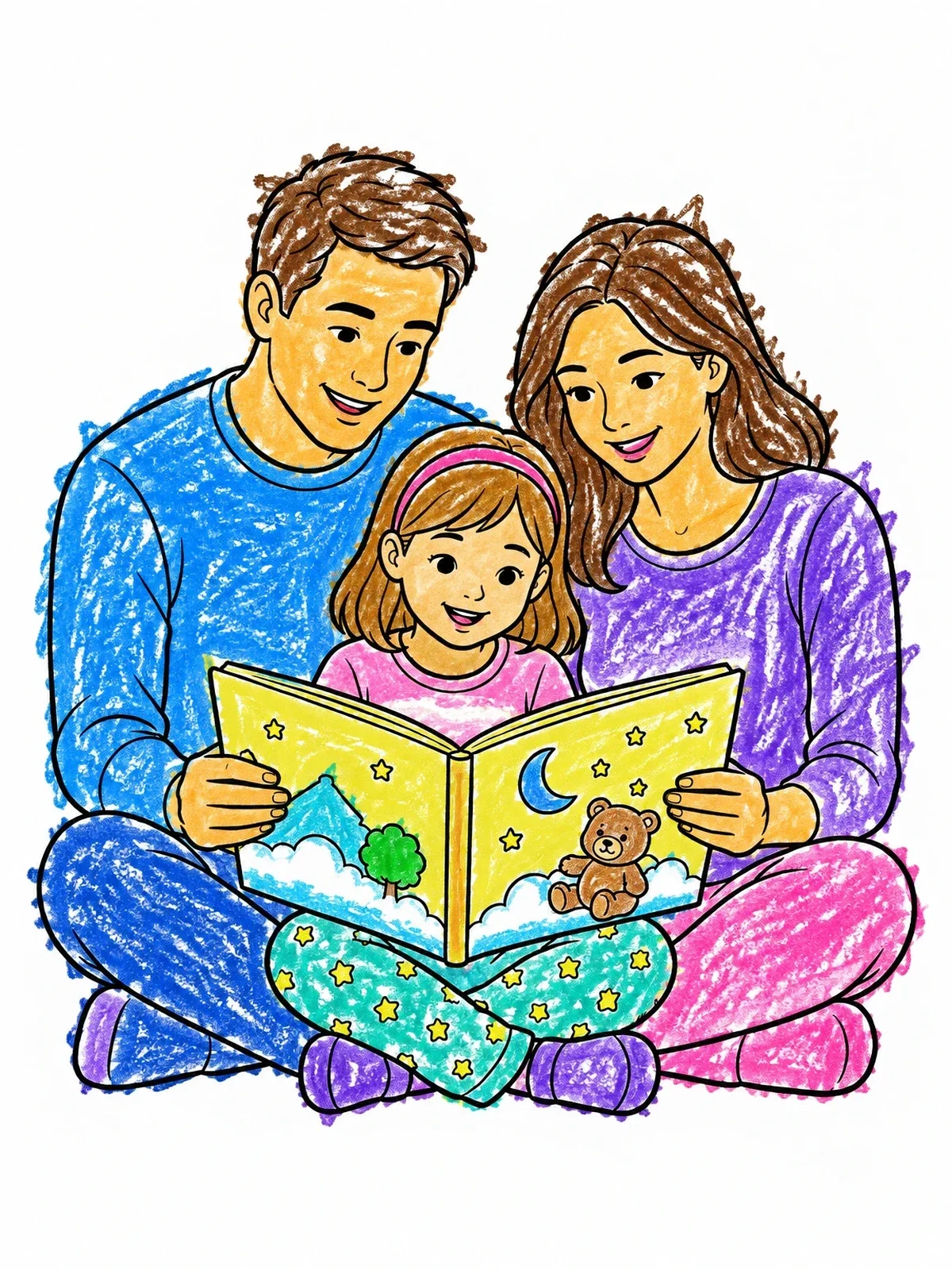 Colored example of the Parents Reading Bedtime Story With Daughter coloring page