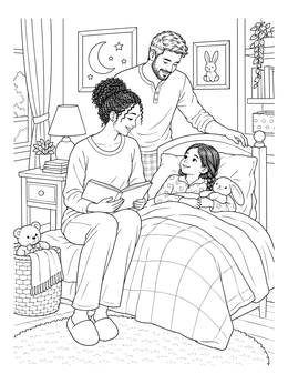 Parents read to their child in this bedtime coloring page.