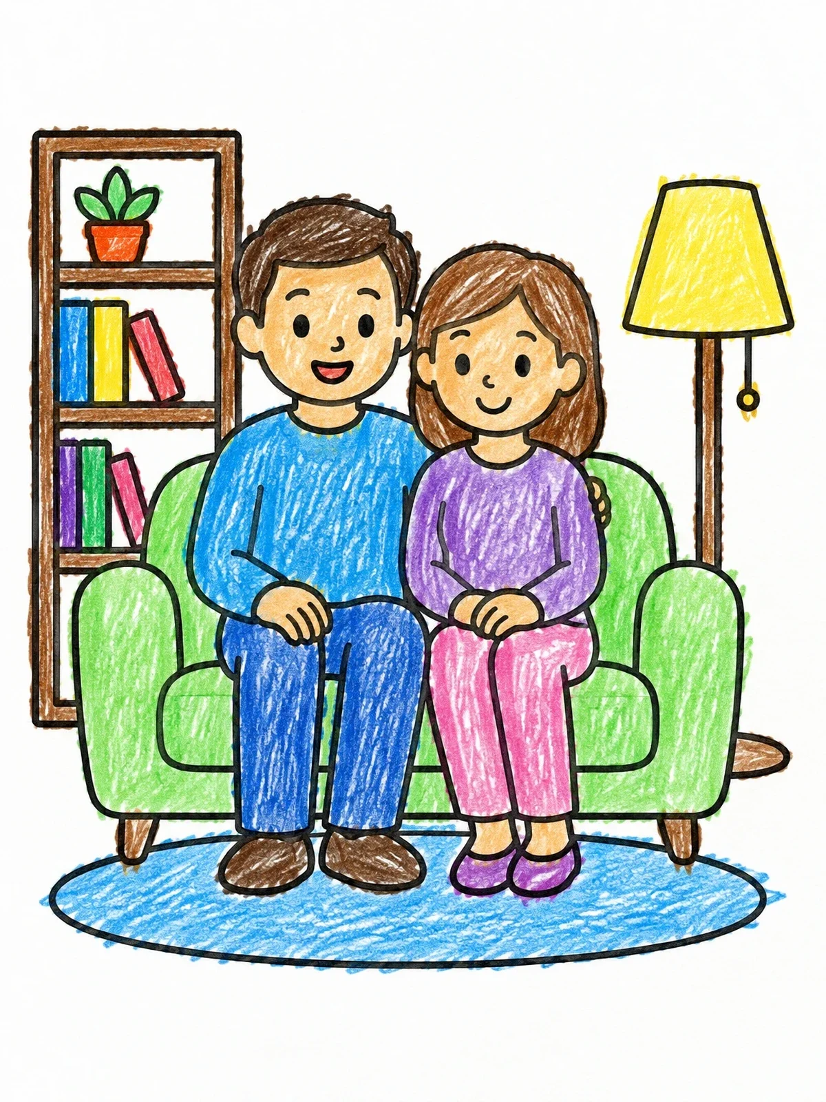 Colored example of the Parents Sitting On Living Room Sofa coloring page