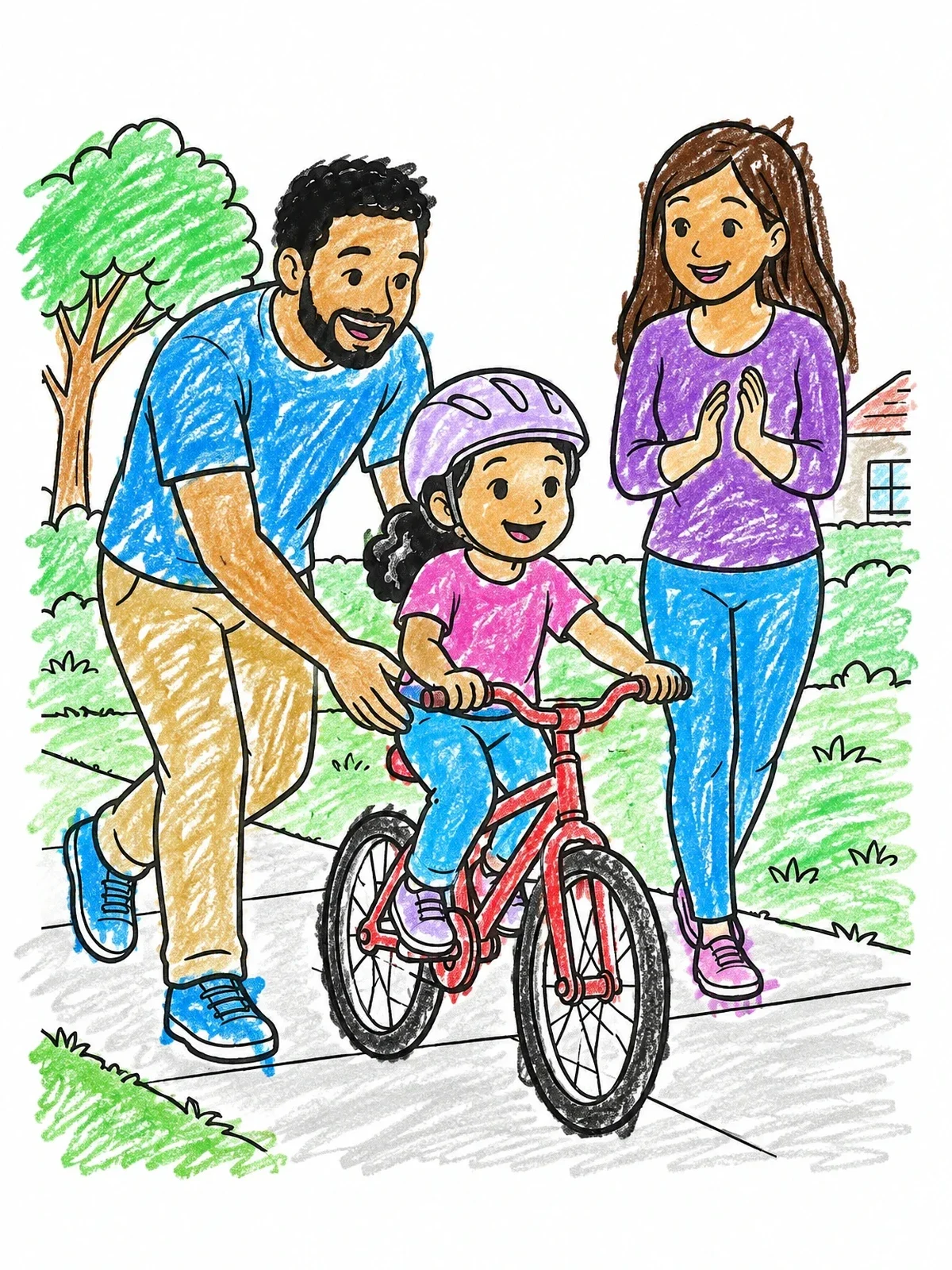 Colored example of the Parents Teaching Child To Ride Bike coloring page
