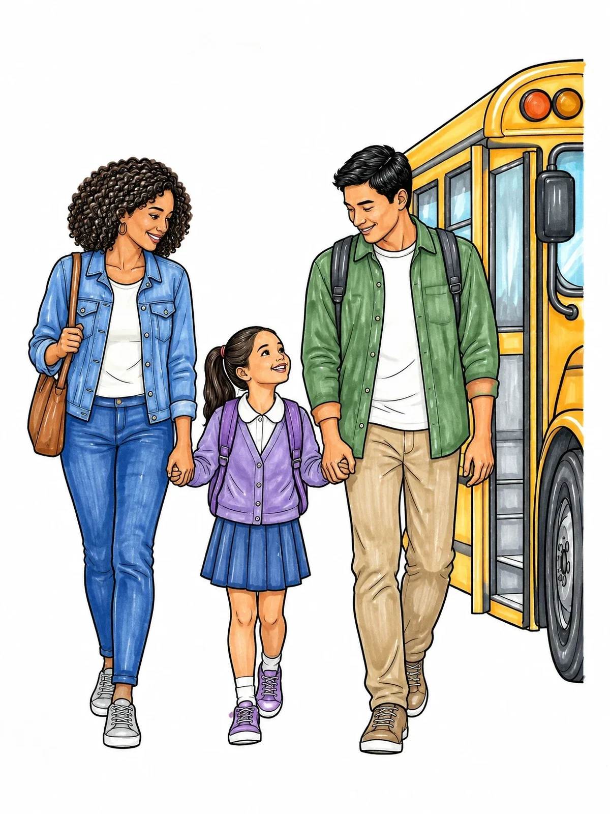Colored example of the Parents Walking Child To School Bus coloring page