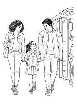 A smiling family together in this parents coloring page walking their young daughter to the school bus.