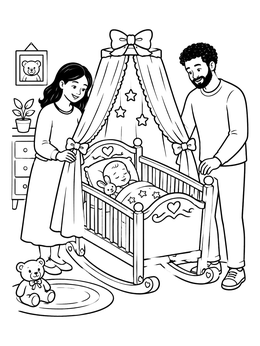 A sweet baby coloring page of parents smiling at their sleeping infant in a canopy crib.