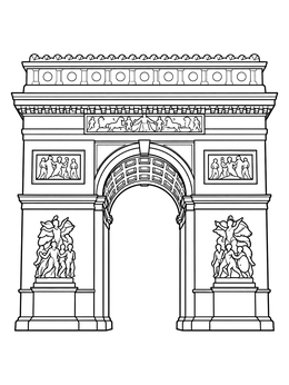 An intricate paris coloring page showing the famous Arc de Triomphe monument with carved stone reliefs.
